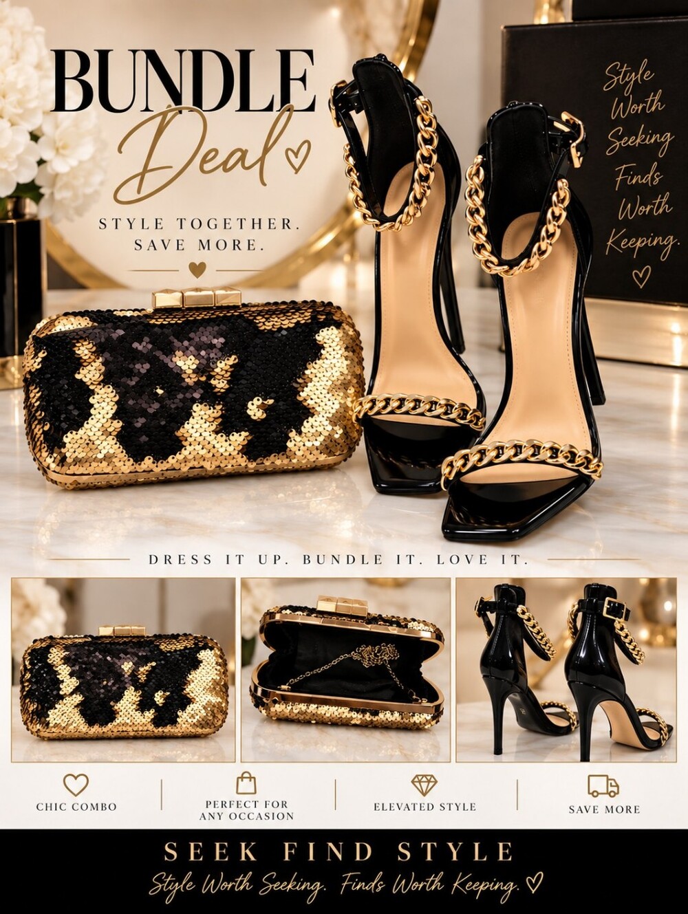 Gold and Black Reversible Sequin Women’s Clutch